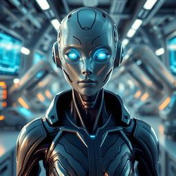 A portrait of a futuristic android with sleek, metallic skin and glowing blue eyes, standing in a high-tech laboratory