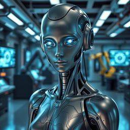 A portrait of a futuristic android with sleek, metallic skin and glowing blue eyes, standing in a high-tech laboratory