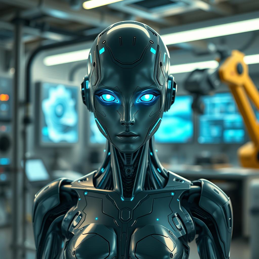 A portrait of a futuristic android with sleek, metallic skin and glowing blue eyes, standing in a high-tech laboratory