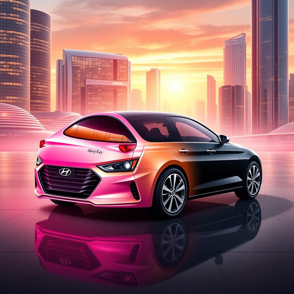 Create a sleek and modern Hyundai Elantra 2024 design, tailored for young, business-oriented women with a touch of Mary Kay inspiration