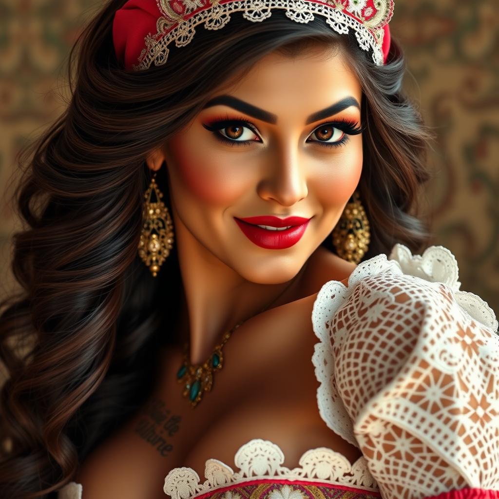 A Middle Eastern princess with expressive eyes and a perfect face, showcasing an hourglass figure