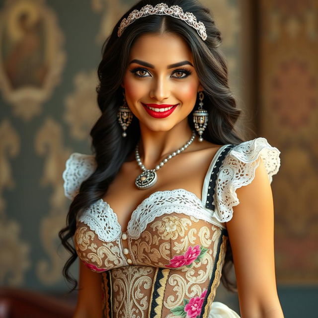 A Middle Eastern princess with expressive eyes and a perfect face, showcasing an hourglass figure