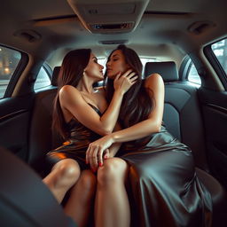 Inside an elegant car, two glamorous sexy slim young Australian women are enveloped in an atmosphere of lust and desire