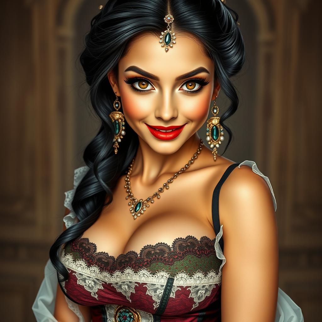 A full-body portrait of a Middle Eastern princess with expressive eyes and a perfect face, showcasing an hourglass figure