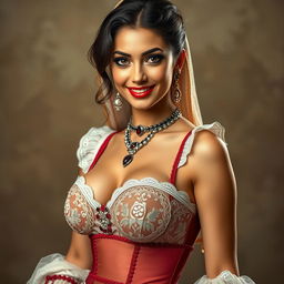 A full-body portrait of a Middle Eastern princess with expressive eyes and a perfect face, showcasing an hourglass figure