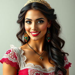 A full-body portrait of a Middle Eastern princess with expressive eyes and a perfect face, showcasing an hourglass figure