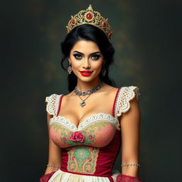 A full-body portrait of a Middle Eastern princess with expressive eyes and a perfect face, showcasing an hourglass figure