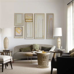 A luxurious yet budget-friendly living room featuring affordable yet elegant furniture, attractive low-cost art pieces, and warm, ambient lighting.