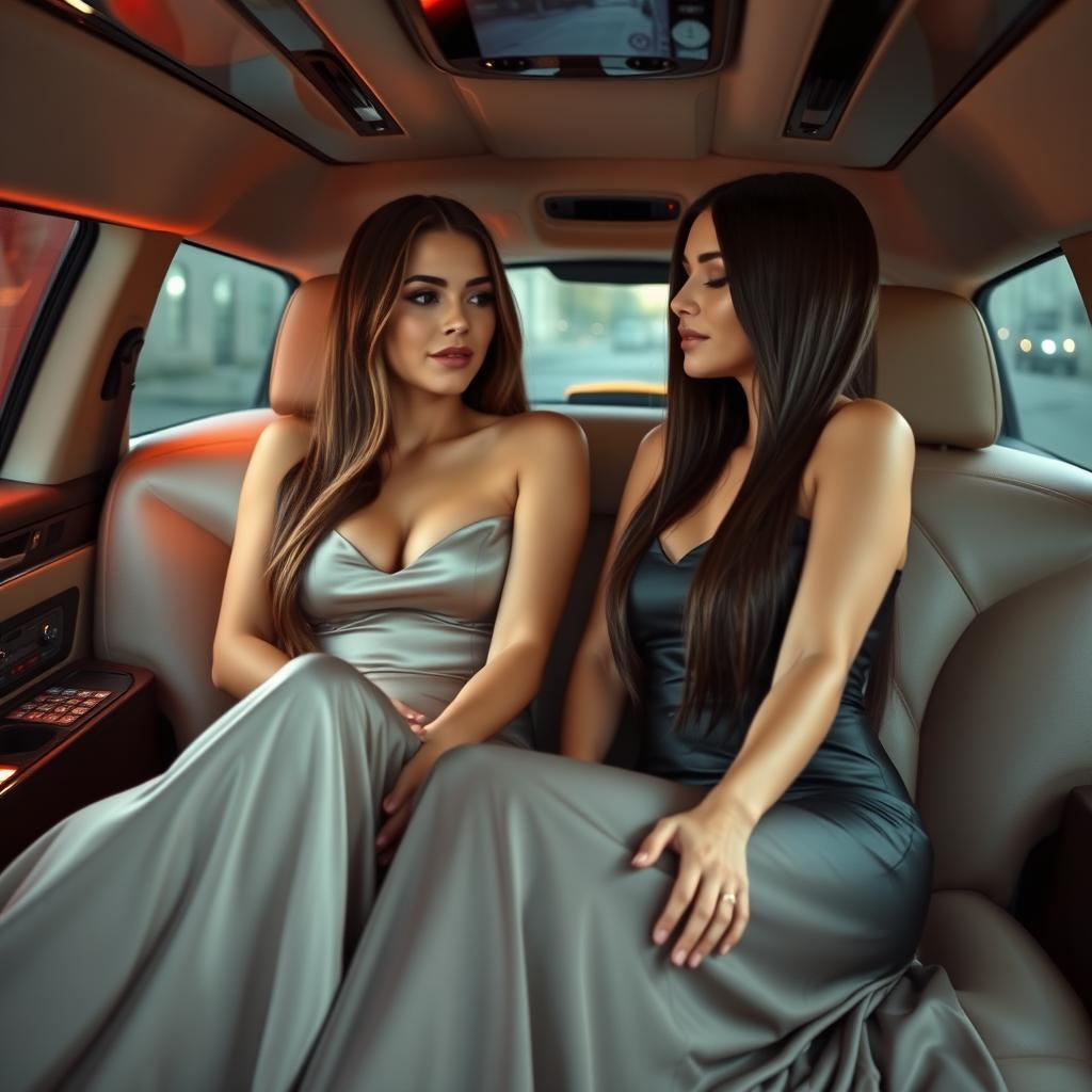 Inside a spacious limousine, two glamorous and sexy slim young women are deeply engrossed in a sensual and romantic date