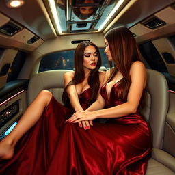 Inside a spacious limousine, two glamorous and sexy slim young women are deeply engrossed in a sensual and romantic date