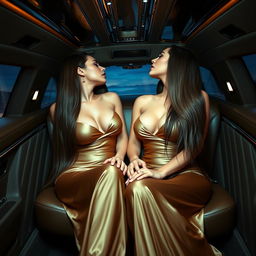 Within the opulent confines of a spacious limousine, two glamorous and sexy slim young women are immersed in a deeply sensual and passionate romantic date