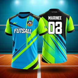 Futsal jersey design, vibrant and dynamic, incorporating bold geometric patterns and sleek lines