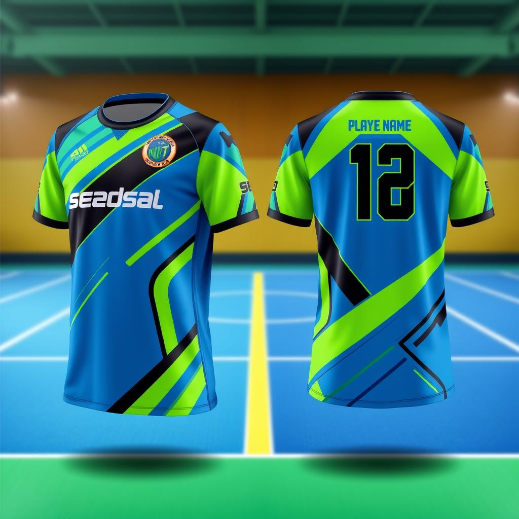 Futsal jersey design, vibrant and dynamic, incorporating bold geometric patterns and sleek lines