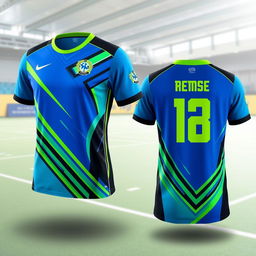 Futsal jersey design, vibrant and dynamic, incorporating bold geometric patterns and sleek lines