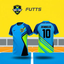 Futsal jersey design, vibrant and dynamic, incorporating bold geometric patterns and sleek lines