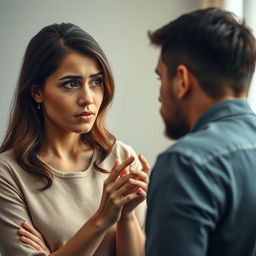 A beautiful woman with tears in her eyes admonishes her husband