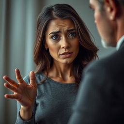 A beautiful woman with tears in her eyes admonishes her husband