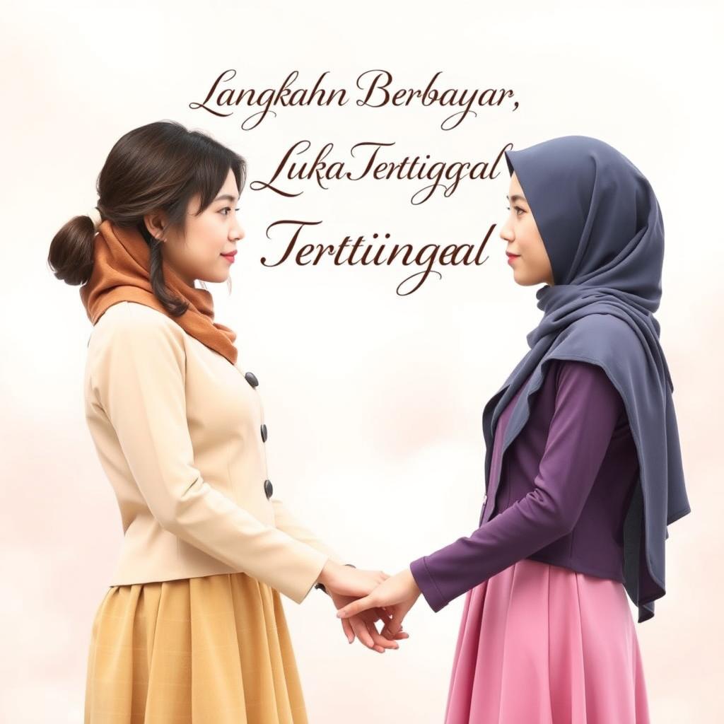 A captivating book cover for "Langkah Berbayar, Luka Tertinggal" featuring two sister women holding hands while facing away from each other