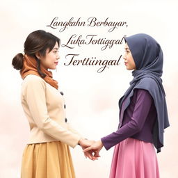 A captivating book cover for "Langkah Berbayar, Luka Tertinggal" featuring two sister women holding hands while facing away from each other