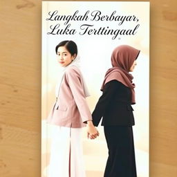 A captivating book cover for "Langkah Berbayar, Luka Tertinggal" featuring two sister women holding hands while facing away from each other