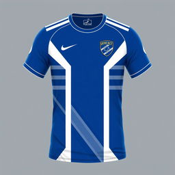 A modern and sleek futsal jersey design in blue and white, featuring bold geometric patterns and a dynamic stripe layout