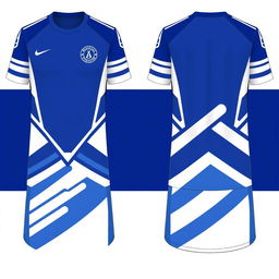 A modern and sleek futsal jersey design in blue and white, featuring bold geometric patterns and a dynamic stripe layout