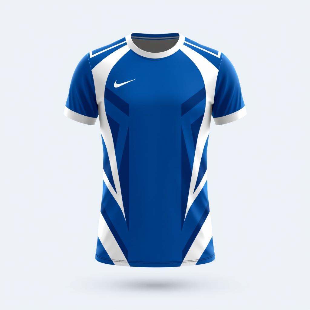 A modern and sleek futsal jersey design in blue and white, featuring bold geometric patterns and a dynamic stripe layout