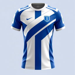 A modern and sleek futsal jersey design in blue and white, featuring bold geometric patterns and a dynamic stripe layout