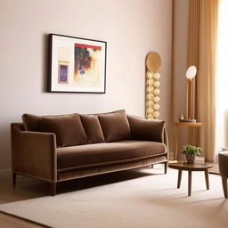 A luxurious yet budget-friendly living room featuring affordable yet elegant furniture, attractive low-cost art pieces, and warm, ambient lighting.