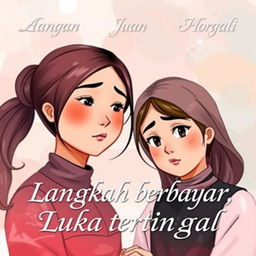 A book cover for "Langkah berbayar, Luka tertinggal" depicting two sisters