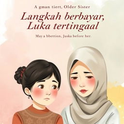 A book cover for "Langkah berbayar, Luka tertinggal" depicting two sisters