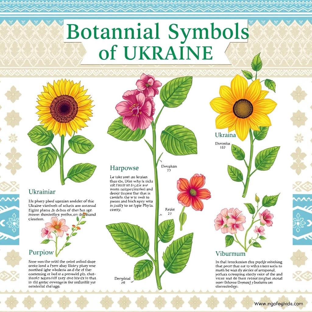 Educational poster titled "Botanical Symbols of Ukraine" featuring a variety of Ukrainian plants such as the sunflower, cherry blossom, and viburnum, illustrated in a detailed and vibrant style