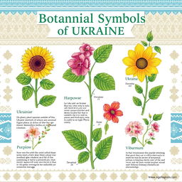 Educational poster titled "Botanical Symbols of Ukraine" featuring a variety of Ukrainian plants such as the sunflower, cherry blossom, and viburnum, illustrated in a detailed and vibrant style