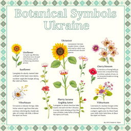 Educational poster titled "Botanical Symbols of Ukraine" featuring a variety of Ukrainian plants such as the sunflower, cherry blossom, and viburnum, illustrated in a detailed and vibrant style