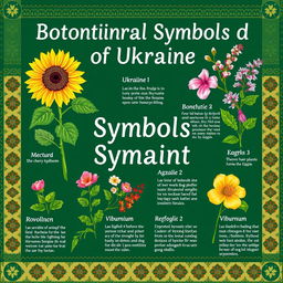 Educational poster titled "Botanical Symbols of Ukraine" featuring a variety of Ukrainian plants such as the sunflower, cherry blossom, and viburnum, illustrated in a detailed and vibrant style