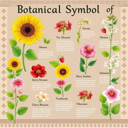 Educational poster titled "Botanical Symbols of Ukraine" featuring a variety of Ukrainian plants such as the sunflower, cherry blossom, and viburnum, illustrated in a detailed and vibrant style