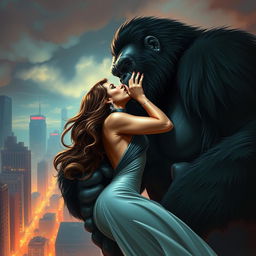 A sexy woman with a sultry expression is passionately kissing King Kong while being held gently in his giant hand