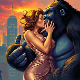 A sexy woman with a sultry expression is passionately kissing King Kong while being held gently in his giant hand