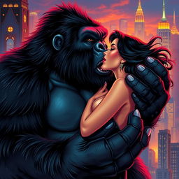 A sexy woman with a sultry expression is passionately kissing King Kong while being held gently in his giant hand