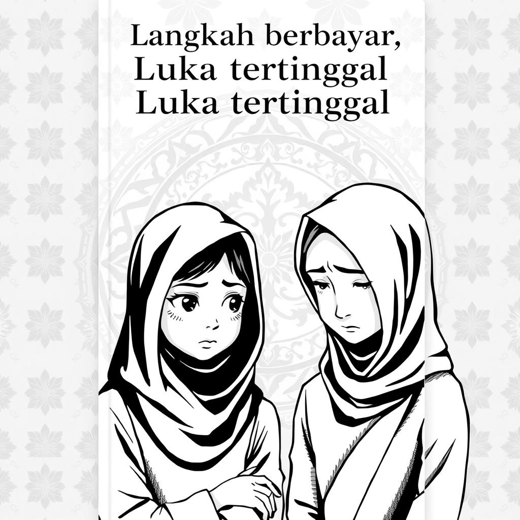 A black and white book cover for "Langkah berbayar, Luka tertinggal" illustrating two sisters