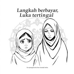 A black and white book cover for "Langkah berbayar, Luka tertinggal" illustrating two sisters