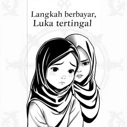 A black and white book cover for "Langkah berbayar, Luka tertinggal" illustrating two sisters