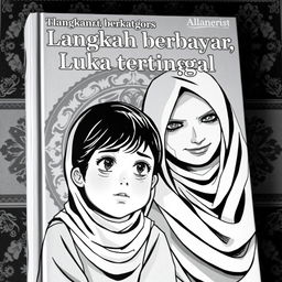 A black and white book cover for "Langkah berbayar, Luka tertinggal" illustrating two sisters