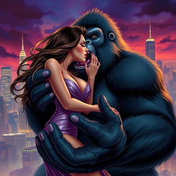 A sexy woman with an alluring expression is held gently in King Kong's giant hand as they share a passionate kiss