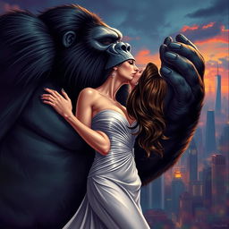 A sexy woman with an alluring expression is held gently in King Kong's giant hand as they share a passionate kiss