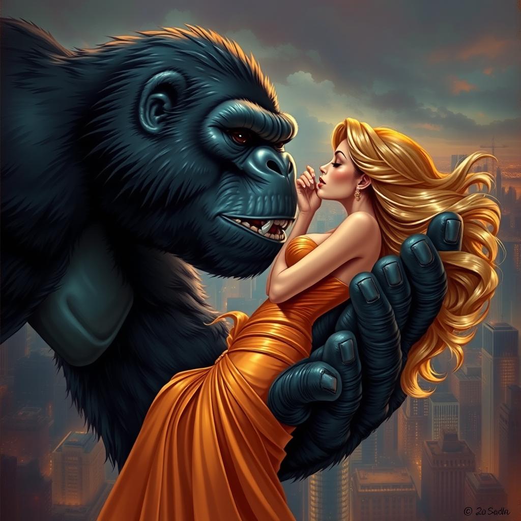 A sexy woman with an alluring expression is held gently in King Kong's giant hand as they share a passionate kiss