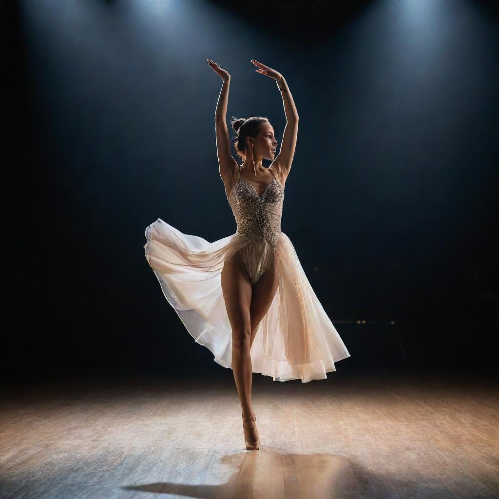 A graceful stage dancer in the middle of a breathtaking performance, under dramatic lighting