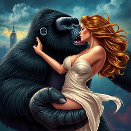 A sexy woman with an alluring expression is held gently in King Kong's giant hand as they share a passionate kiss