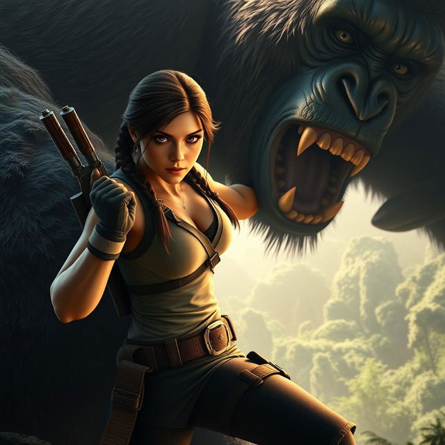 In a thrilling scene, giant King Kong gently holds Lara Croft in his massive hand