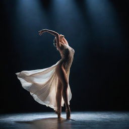 A graceful stage dancer in the middle of a breathtaking performance, under dramatic lighting